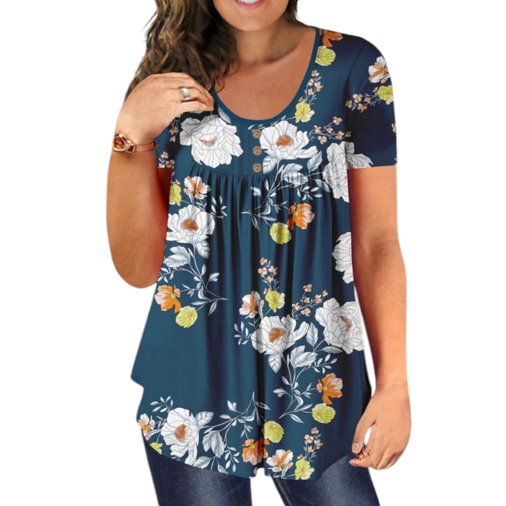 🆕 Women's PLUS SIZE Teal & Floral Print Short Sleeve Blouse